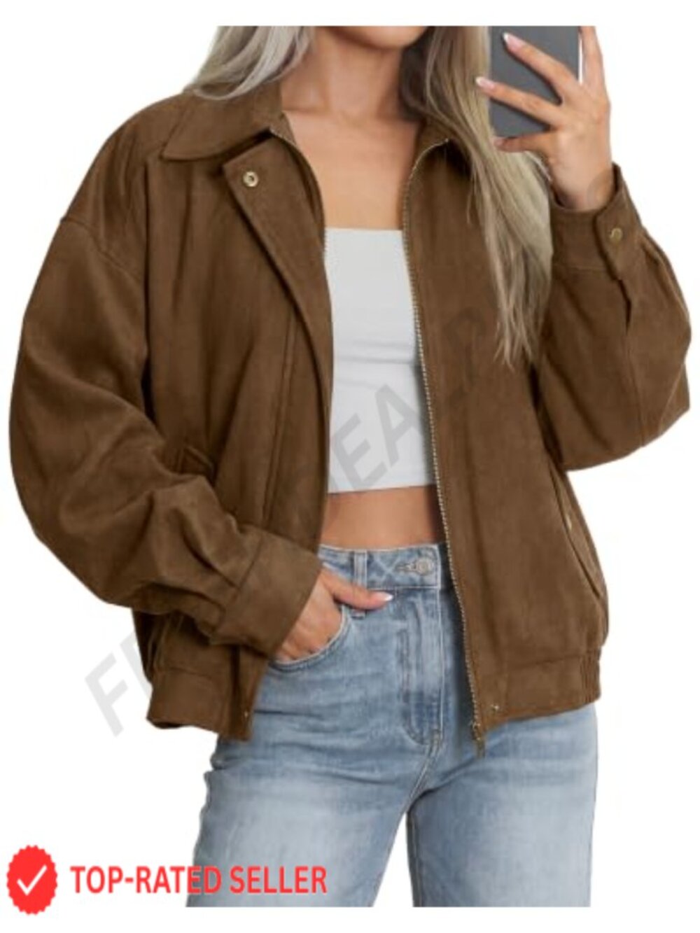 Faux Suede Oversized Bomber Jacket Long Sleeve Zip Up Women Coat
